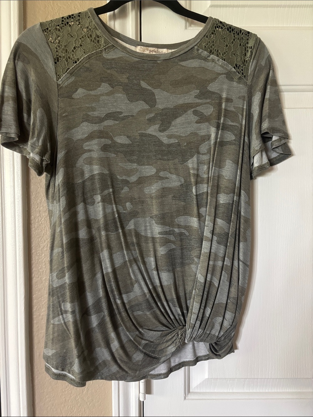 Rewind Olive Camo Knot Front Lace-Trim Tee
